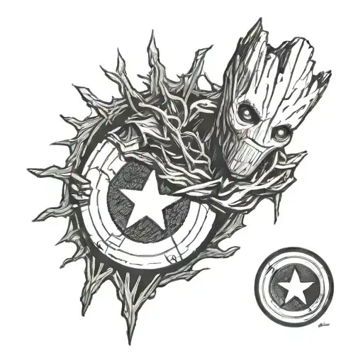 groot with captain america shield tattoo design idea