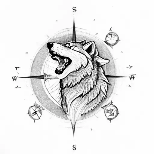 A wolf howling at the moon with a compass rose integrated into the design tattoo design idea