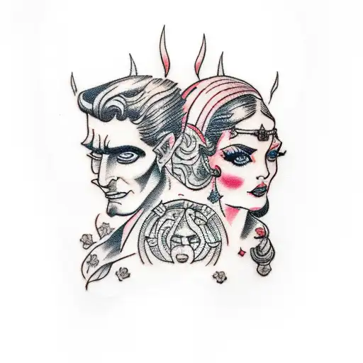 hades and Persephone next to Corinthian column tattoo design idea