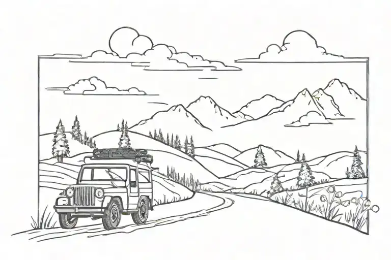 word adventure in script with the e leading off into a road with a jeep at the end of the road tattoo design idea