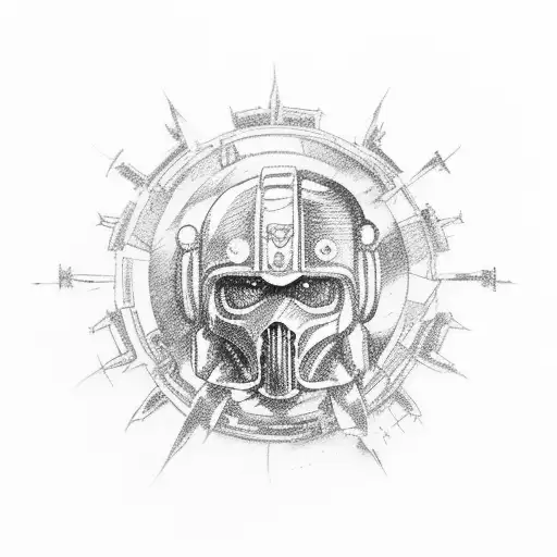 Ultramarine (a space marine from the Warhammer 40,000 universe) in blue armor with a saw blade in his left hand from whi tattoo design idea