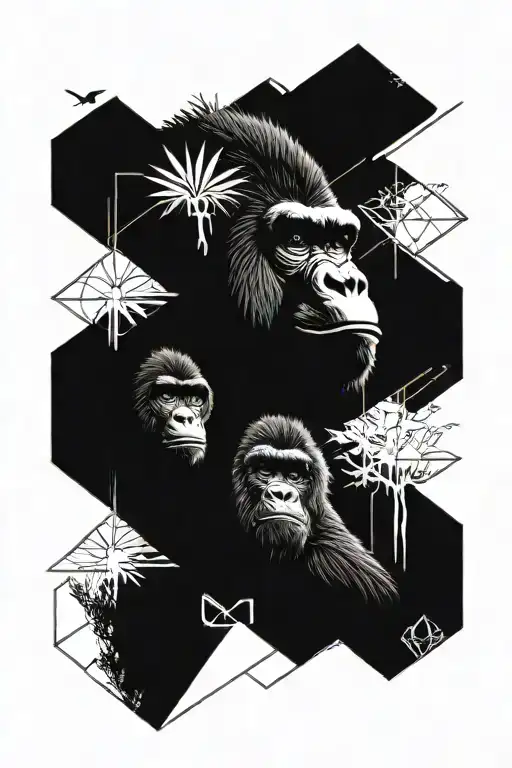 jungle forest with trees, A gorilla is in the mirror and a human is in front of it. tattoo design idea