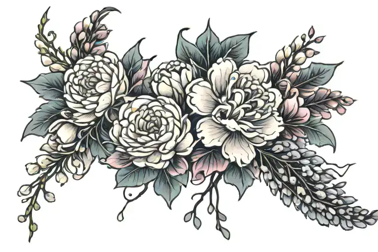 upper thigh and stomach tattoo with japanese sakura flowers, japanese wisteria, japanese wisteria, japanese peony, rose tattoo design idea