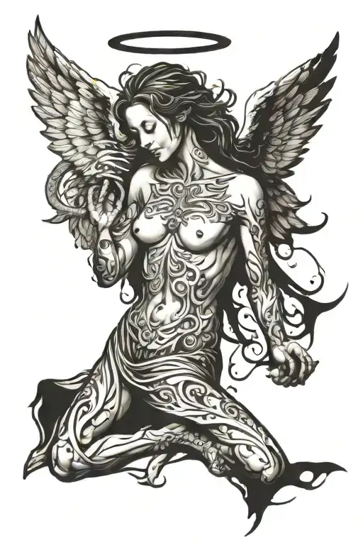 genderless angel, on his back and open wings. Very dark and with trace marks as if they were from the drawing tattoo design idea