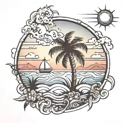 Palm tree, ocean, sun, nautical, mountains, sunset tattoo design idea