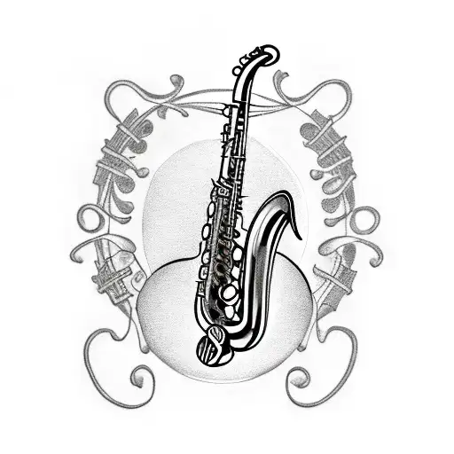 Saxophone, mandolin, drums, music notes tattoo design idea