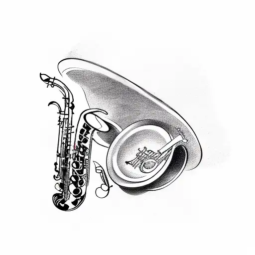 Saxophone, mandolin, drums, music notes tattoo design idea