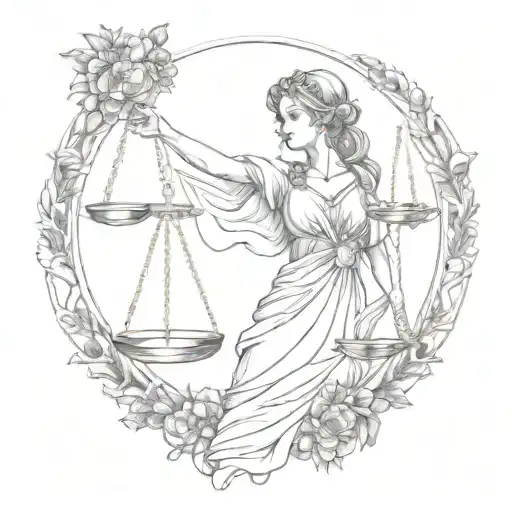 A detailed fine line tattoo of a Virgo maiden gracefully holding balancing scales in one hand, protected by a majestic l tattoo design idea