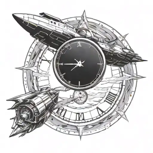 A time-travel themed tattoo with a clock face morphing into a spaceship flying through a wormhole, symbolizing the concept of time and space bending tattoo design idea