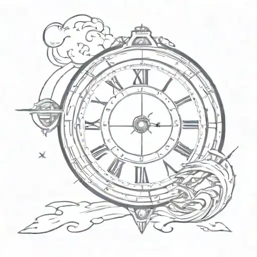 A time-travel themed tattoo with a clock face morphing into a spaceship flying through a wormhole, symbolizing the concept of time and space bending tattoo design idea