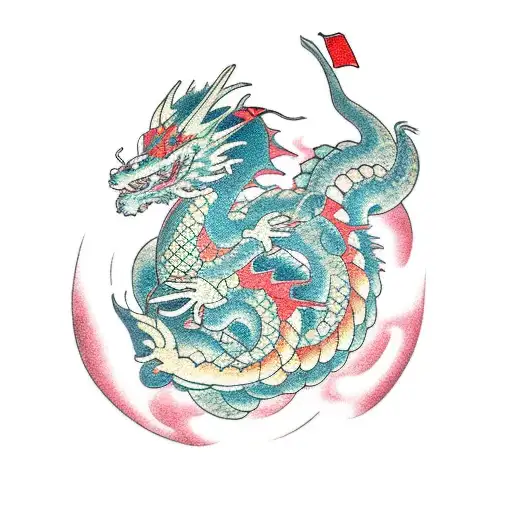 A dragon wrapped around a traditional Japanese house, surrounded by cherry blossoms tattoo design idea