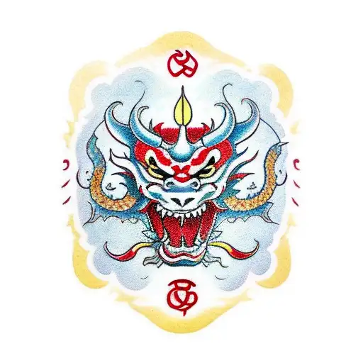 A traditional Japanese mask with dragon motifs and cherry blossom accents, done in a traditional style tattoo design idea