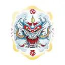 A traditional Japanese mask with dragon motifs and cherry blossom accents, done in a traditional style tattoo design idea