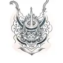 A traditional Japanese mask with dragon motifs and cherry blossom accents, done in a traditional style tattoo design idea