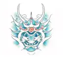 A traditional Japanese mask with dragon motifs and cherry blossom accents, done in a traditional style tattoo design idea