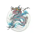 A traditional Japanese mask with dragon motifs and cherry blossom accents, done in a traditional style tattoo design idea