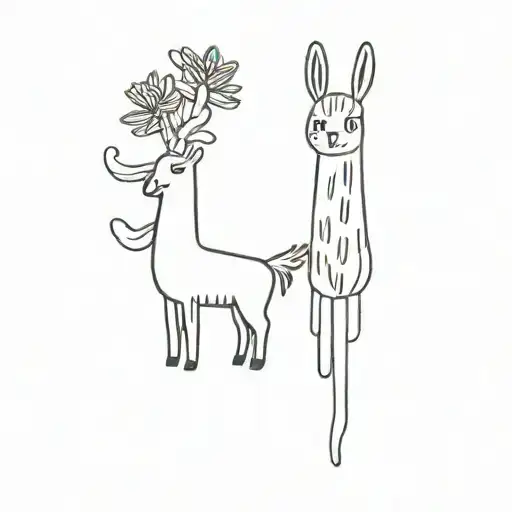 2 small tattoos of a Llama and a cactus in black and white tattoo design idea