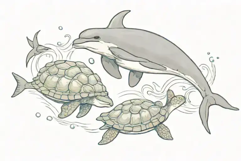 dolphin and turtle swimming together tattoo design idea