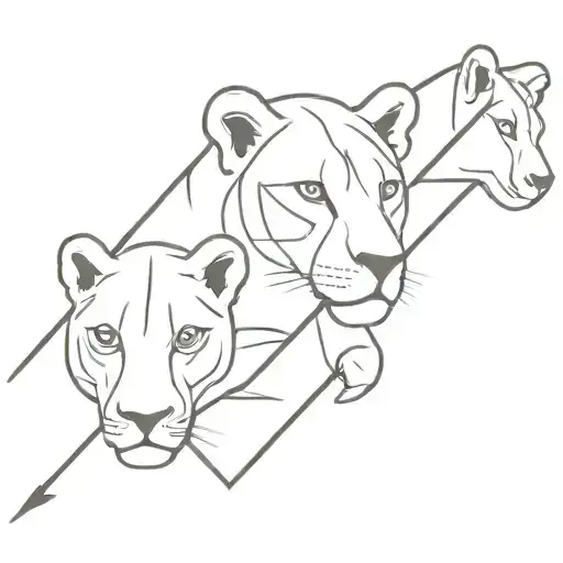 A outline image of a stylish arrow with a lioness half face on one side and on the other 2 male cubs faces and 1 female  tattoo design idea