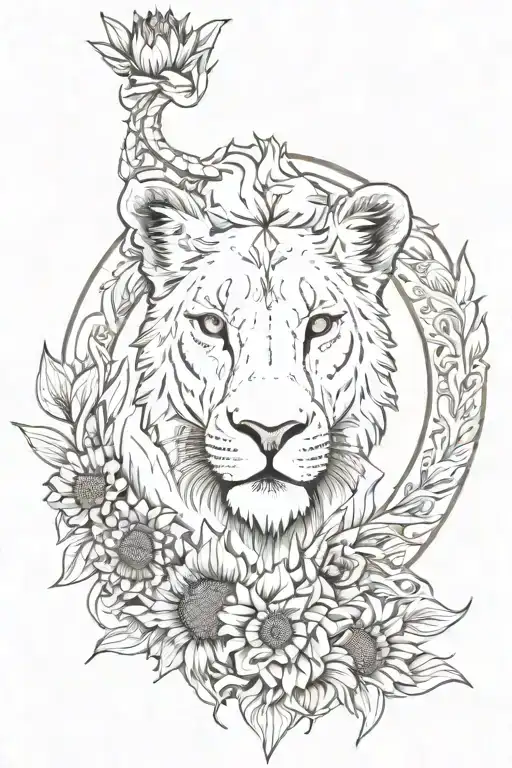 stylish arrow with a lioness half face on one side and on the other side 2 male cubs and 1 female faces with sunflower tattoo design idea