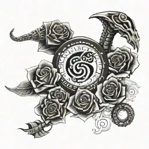 A trishul with a cobra wrapping around it, surrounded by dice and cards, with the name GMI incorporated and money pedal roses, along with an inspirational quote tattoo design idea