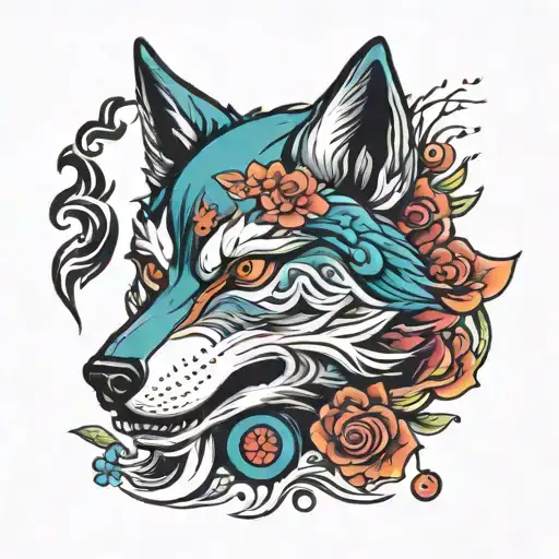 colorful japanese wolf head for motorcycle club tattoo design idea