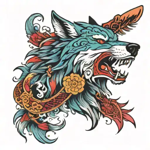 wolf head with scythe on his mouth colorful tattoo design idea