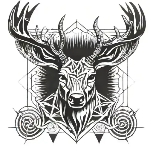 Forest blackout symmetrical geometric  deer face tattoo design idea
