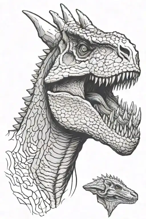 1 Image of the head and upper part of the Carnotaurus. Half of the muzzle is presented as his bare skull but with horns tattoo design idea