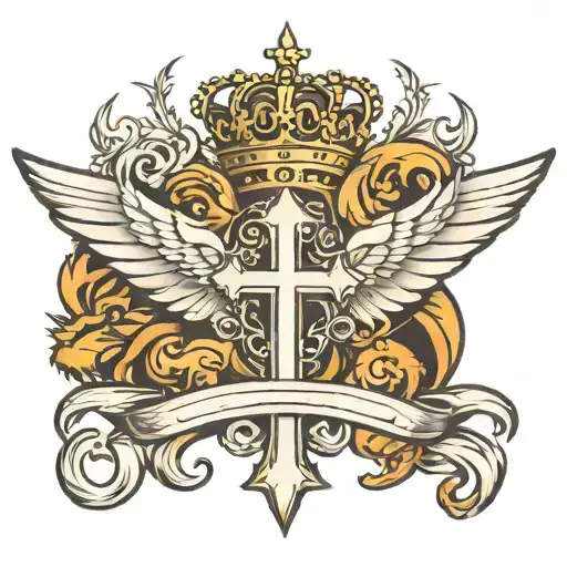 Christian Cross with wings, crown, and lion tattoo design idea