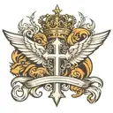 Christian Cross with wings, crown, and lion tattoo design idea
