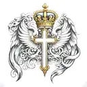 Christian Cross with wings, crown, and lion tattoo design idea