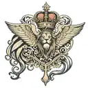 Christian Cross with wings, crown, and lion tattoo design idea