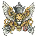 Christian Cross with wings, crown, and lion tattoo design idea