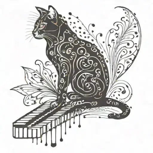 A symbolic tattoo combining elements of a computer keyboard, tulip petals, and a cat's silhouette to represent the client's diverse interests tattoo design idea