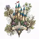 Disney castle surrounded by the singing flowers of Alice in wonderland tattoo design idea