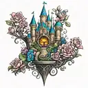 Disney castle surrounded by the singing flowers of Alice in wonderland tattoo design idea