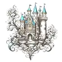 Disney castle surrounded by the singing flowers of Alice in wonderland tattoo design idea