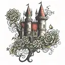 Disney castle surrounded by the singing flowers of Alice in wonderland tattoo design idea