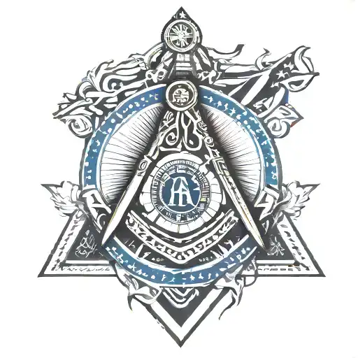 masonic square and compass overlaid on top of the image of the state of Indiana shaded with the state flag tattoo design idea