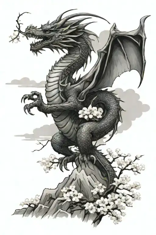 A majestic dragon flying over a mountain range under a sakura tree in the rain tattoo design idea
