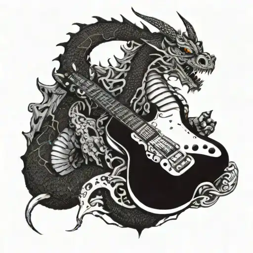 A mechanical dragon shredding a guitar in blackwork style tattoo design idea