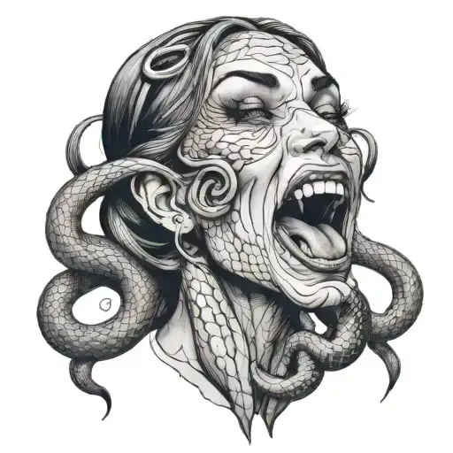 evil woman face multiple eyes rolled back tongue out like snake   tattoo design idea