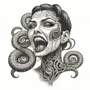 evil woman face multiple eyes rolled back tongue out like snake   tattoo design idea