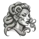 evil woman face multiple eyes rolled back tongue out like snake   tattoo design idea