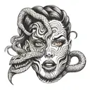 evil woman face multiple eyes rolled back tongue out like snake   tattoo design idea