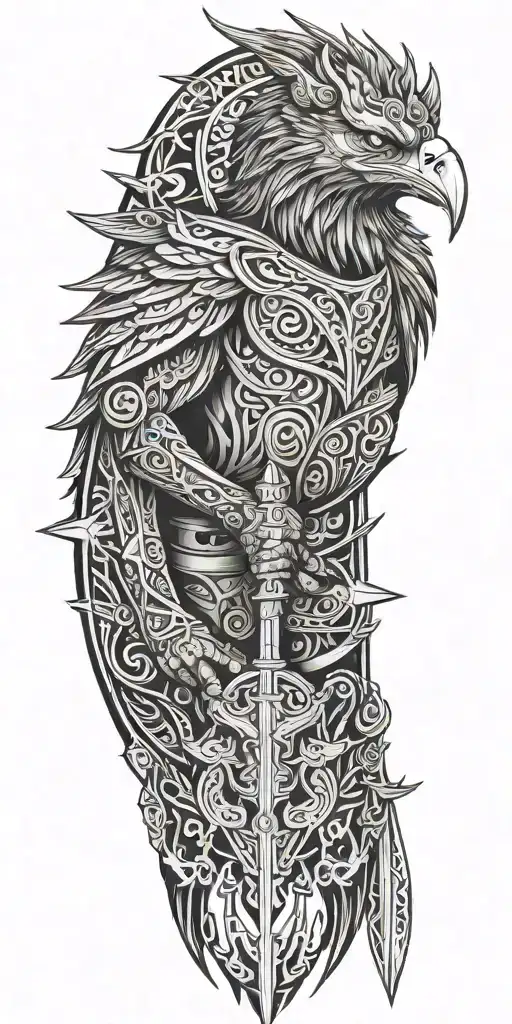 warrior, wizard, blacksmith faces with sword, hammer, book and a Phoenix  tattoo design idea