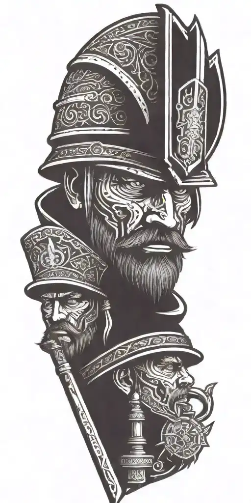a blacksmith face with bandana and hammer and wizard facwith cone hat and book and warrior face with katana helm tattoo design idea