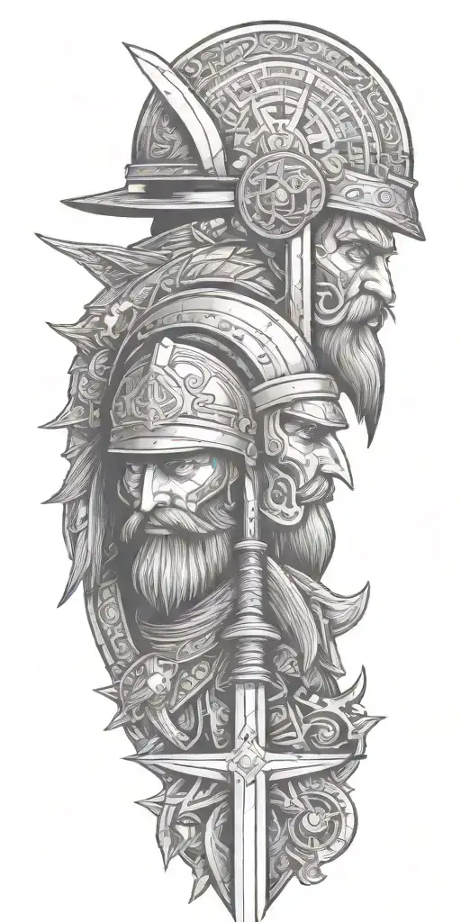 a warrior and wizard and blacksmith faces with sword and hammer and book.   with helm and hat and bandana tattoo design idea