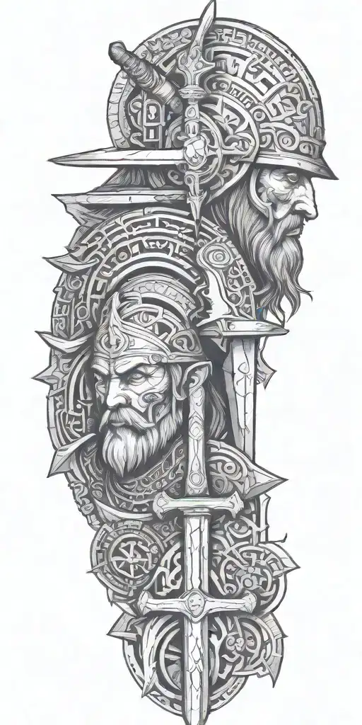 a warrior and wizard and blacksmith faces with sword hammer book features tattoo design idea